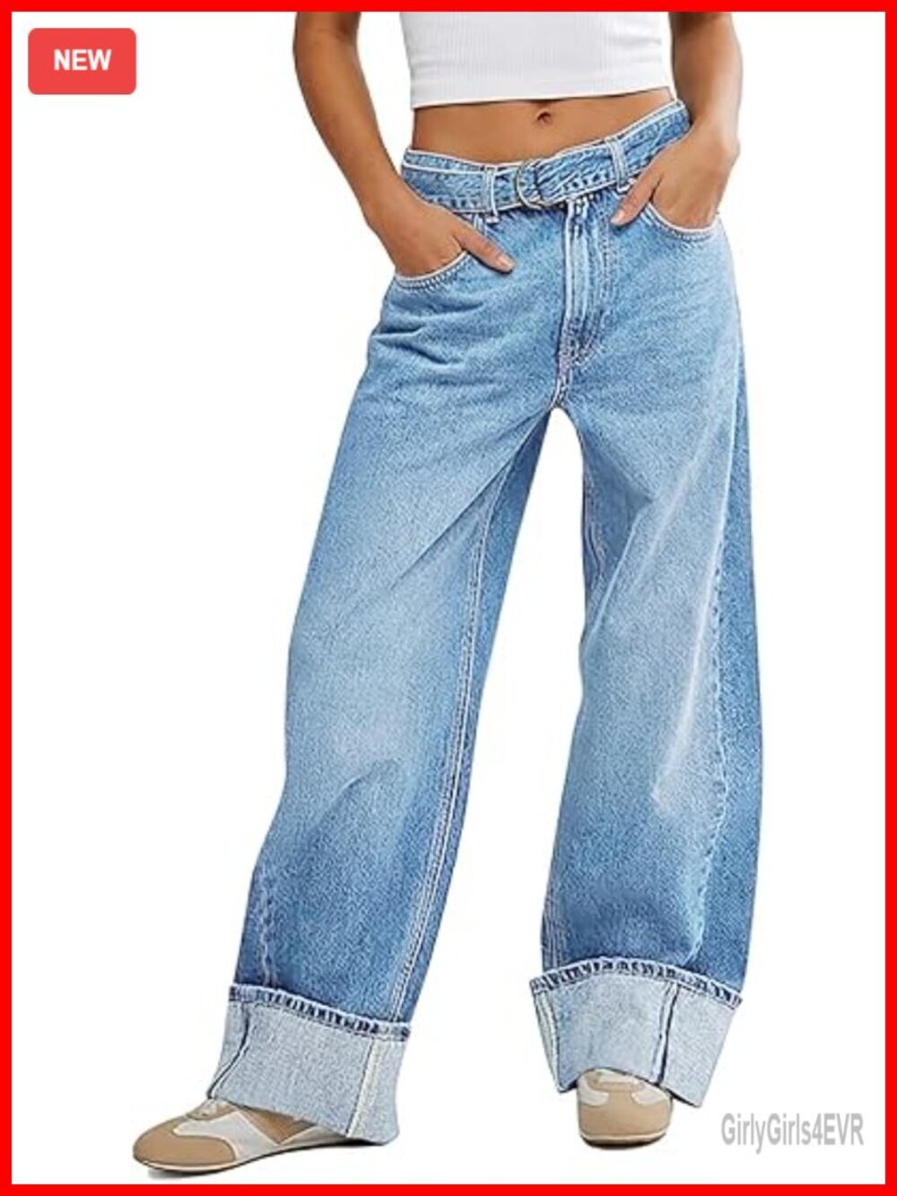 Wide Leg Cuffed Jeans High Waisted Baggy Boyfriend Casual Denim Pants with
